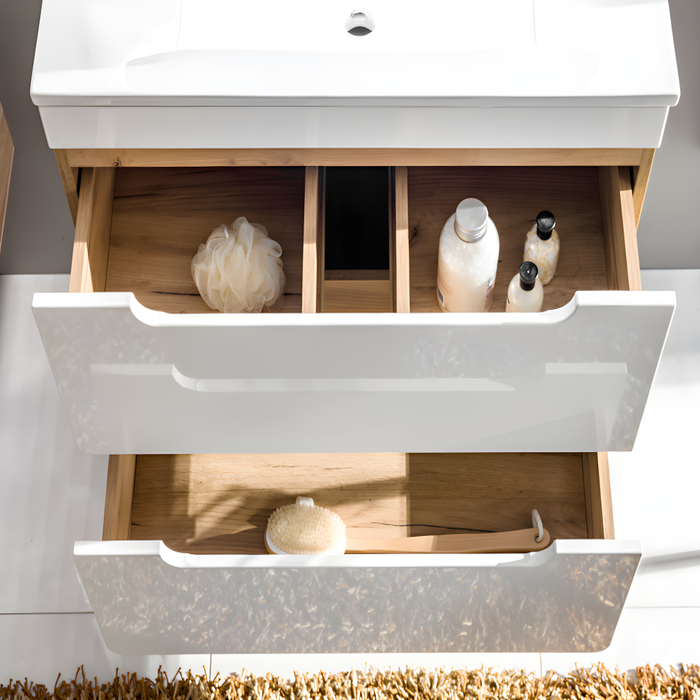 Meuble de salle de bain suspendu avec vasque à encastrer et deux colonnes - 80 cm - Coloris naturel et blanc - ARUBA 3