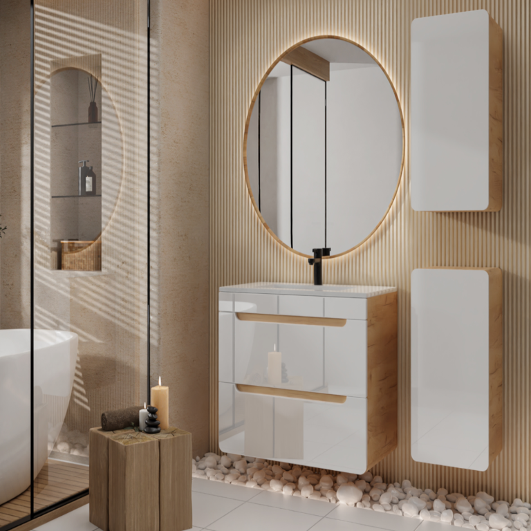 Meuble de salle de bain suspendu avec vasque à encastrer et deux colonnes - 80 cm - Coloris naturel et blanc - ARUBA 0