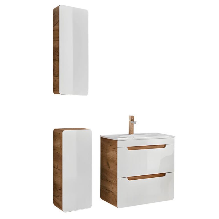 Meuble de salle de bain suspendu avec vasque à encastrer et deux colonnes - 80 cm - Coloris naturel et blanc - ARUBA 1
