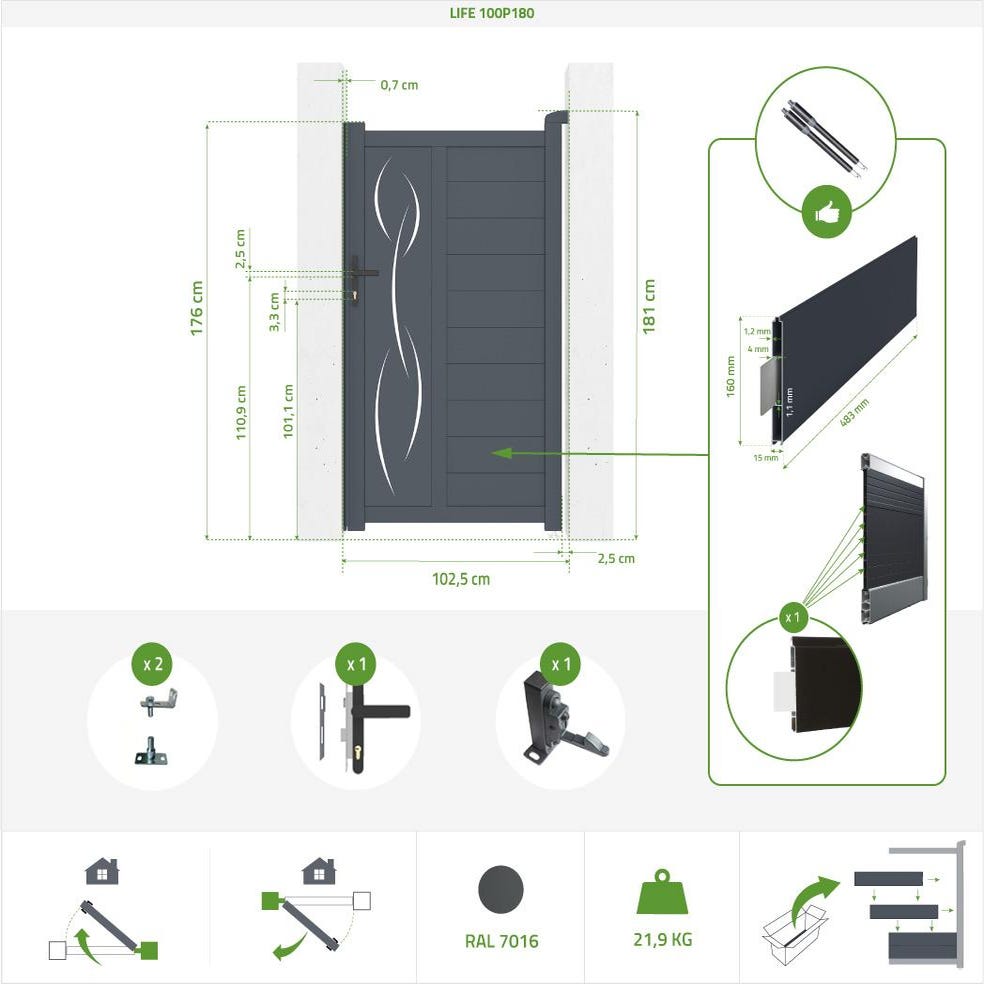 Pack portail battant LIFE 300B180 + Portillon LIFE 100P180 2