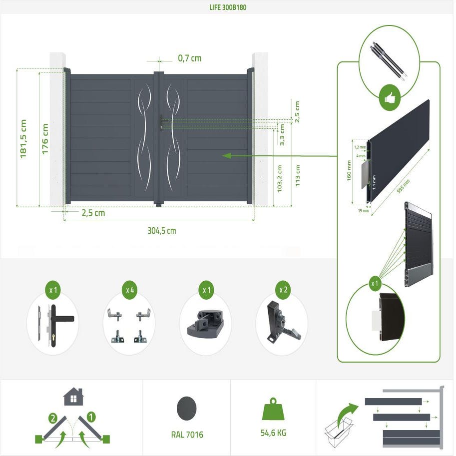 Pack portail battant LIFE 300B180 + Portillon LIFE 100P180 1