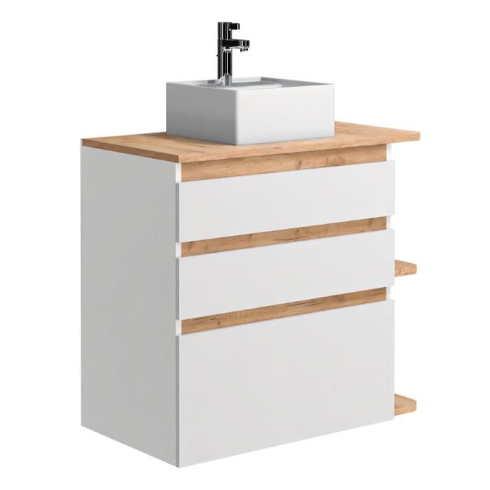 Meuble de salle de bain suspendu simple vasque - Coloris naturel clair et blanc - 94 cm - ANIDA 1