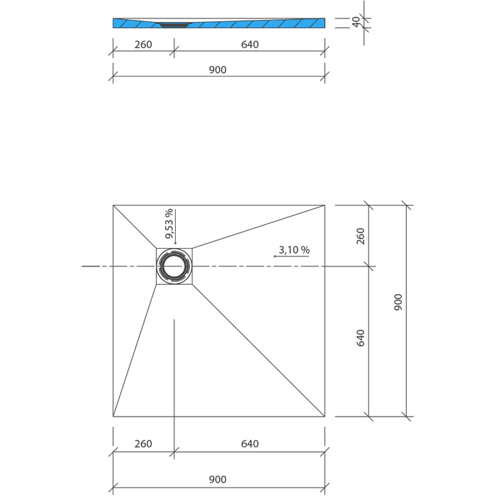 Receveur de douche à carreler 90 x 90 WEDI Fundo Primo carré écoulement excentré + bonde horizontale + kit d'étanchéité 3