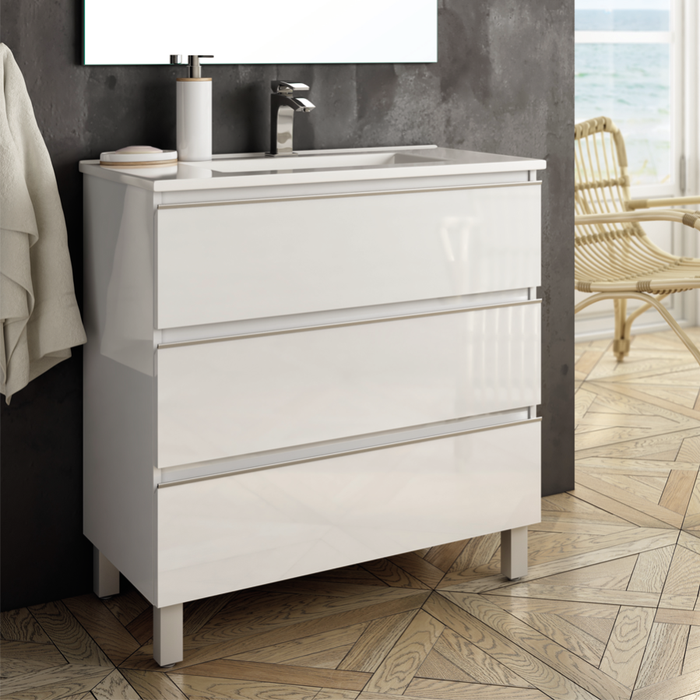Meuble de salle de bain simple vasque - 3 tiroirs - PALMA et miroir Led STAM - blanc -60cm 1