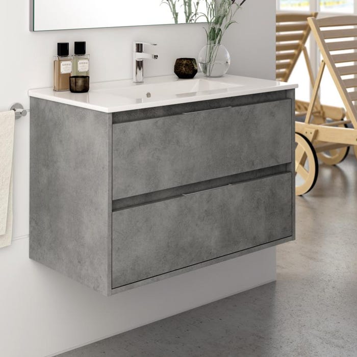 Meuble de salle de bain simple vasque - 2 tiroirs - IRIS et miroir Led STAM - ciment (gris) - 80cm 2