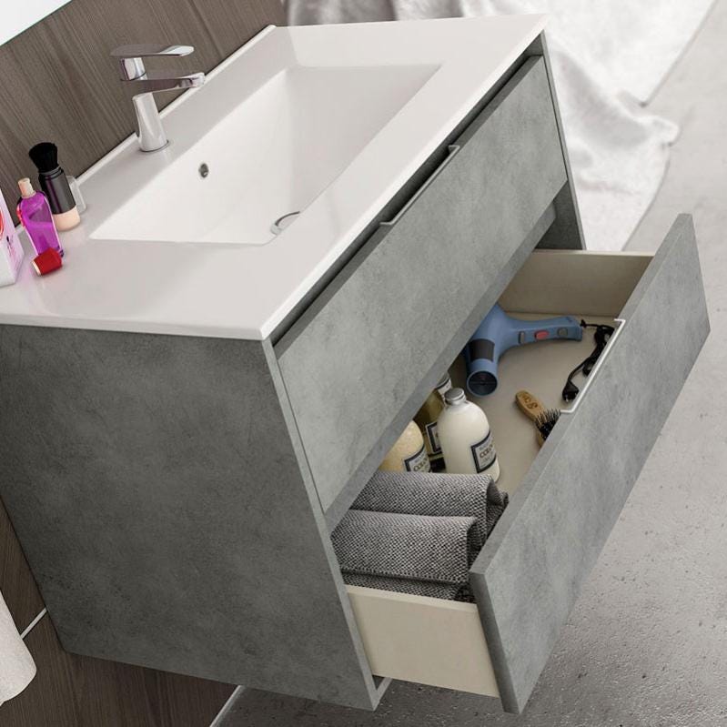 Meuble de salle de bain simple vasque - 2 tiroirs - IRIS et miroir Led STAM - ciment (gris) - 80cm 3