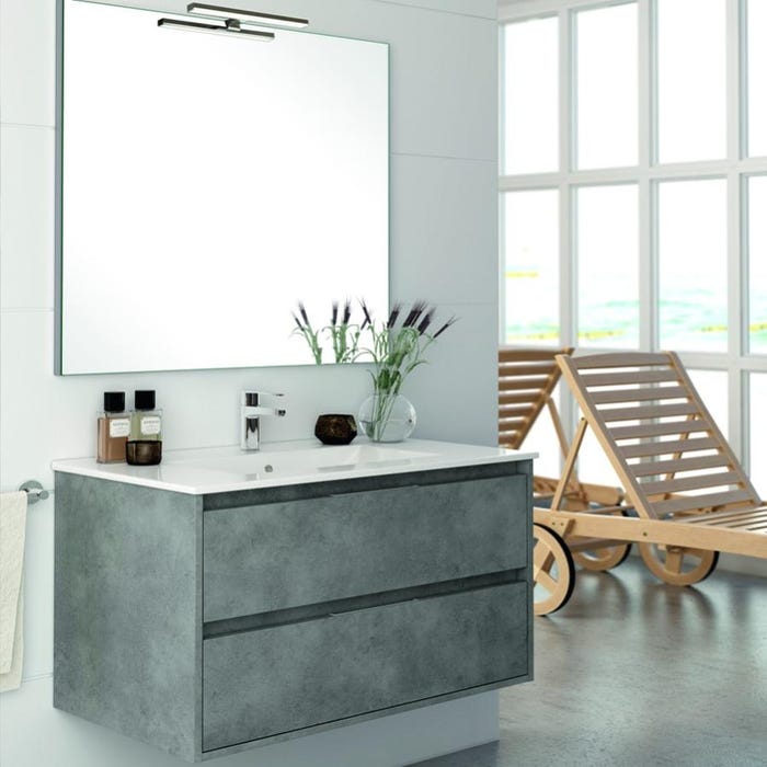 Meuble de salle de bain simple vasque - 2 tiroirs - IRIS et miroir Led STAM - ciment (gris) - 80cm 1