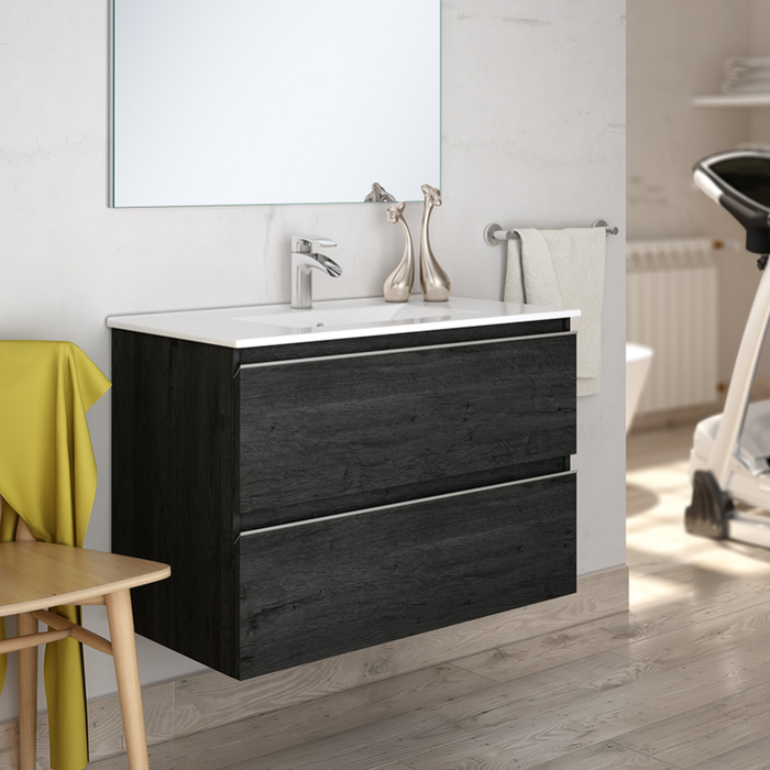 Meuble de salle de bain simple vasque - 2 tiroirs - BALEA et miroir Led STAM - ebony (bois noir) - 80cm 1