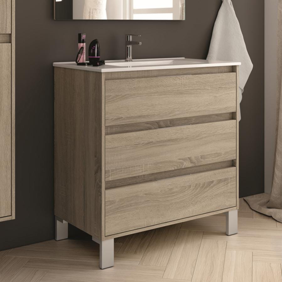 Meuble de salle de bain simple vasque - 3 tiroirs - TIRIS 3C et miroir Led STAM - cambrian (chêne) - 100cm 1