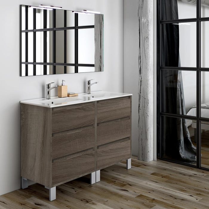 Meuble de salle de bain double vasque - 6 tiroirs - TIRIS 3C et miroir Led STAM - britannia (chêne foncé) - 120cm 1