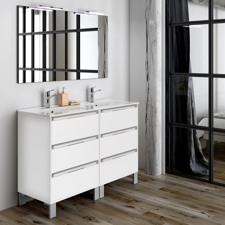 Meuble de salle de bain double vasque - 6 tiroirs - TIRIS 3C et miroir Led STAM - blanc - 120cm 1