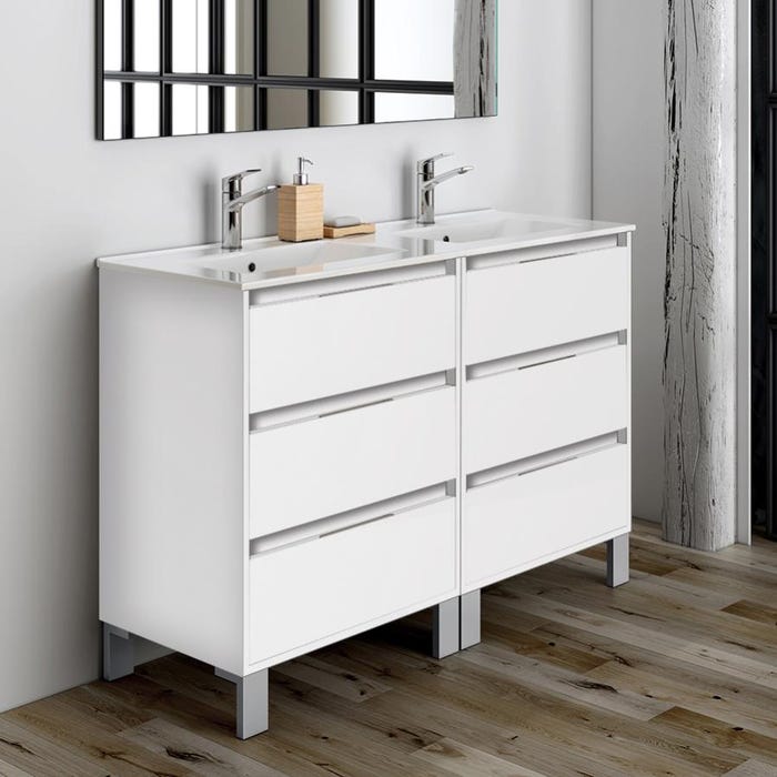 Meuble de salle de bain double vasque - 6 tiroirs - TIRIS 3C et miroir Led STAM - blanc - 120cm 2