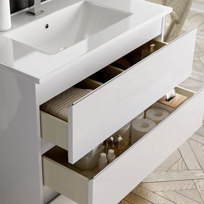 Meuble de salle de bain simple vasque - 2 tiroirs - BALEA et miroir Led VELDI - blanc - 70cm 2