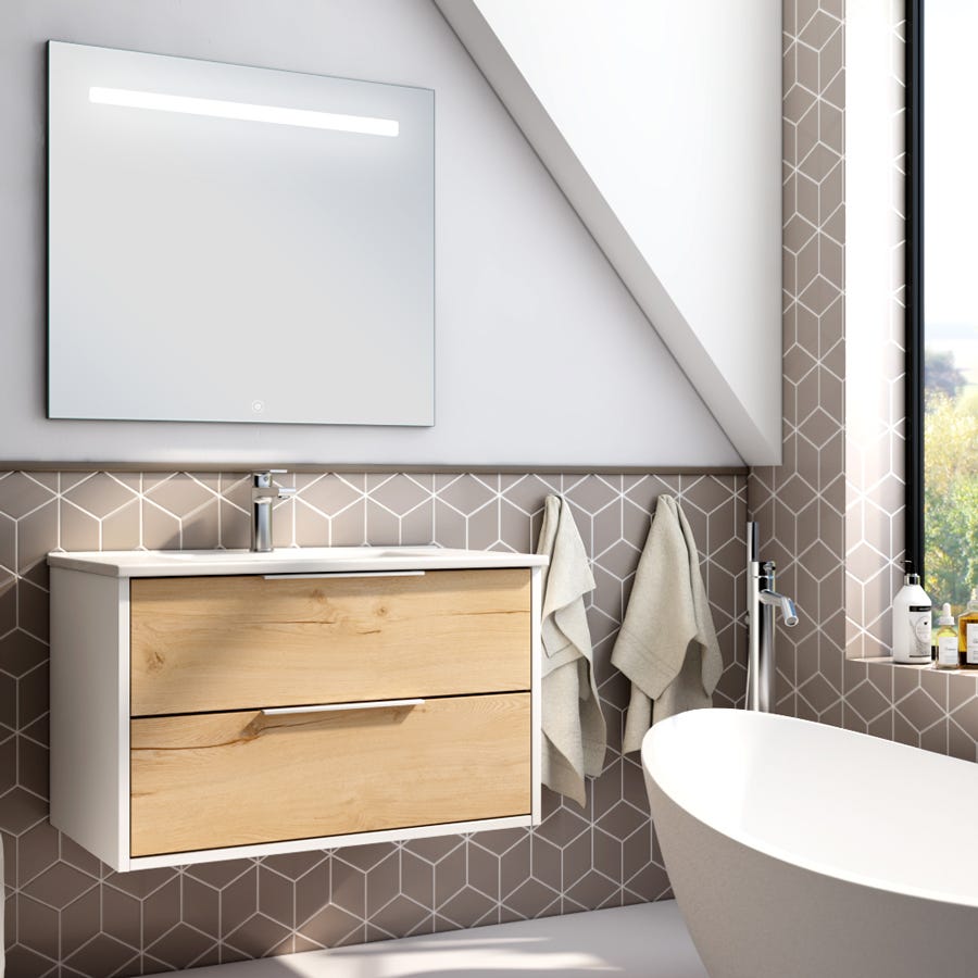 Meuble de salle de bain simple vasque - 2 tiroirs - ALBA et miroir STAM - blanc-Chêne - 80cm 0