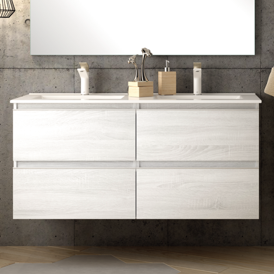 Meuble de salle de bain simple vasque - 4 tiroirs - BALEA et miroir Led STAM - hibernian (bois blanchi) - 120cm 1