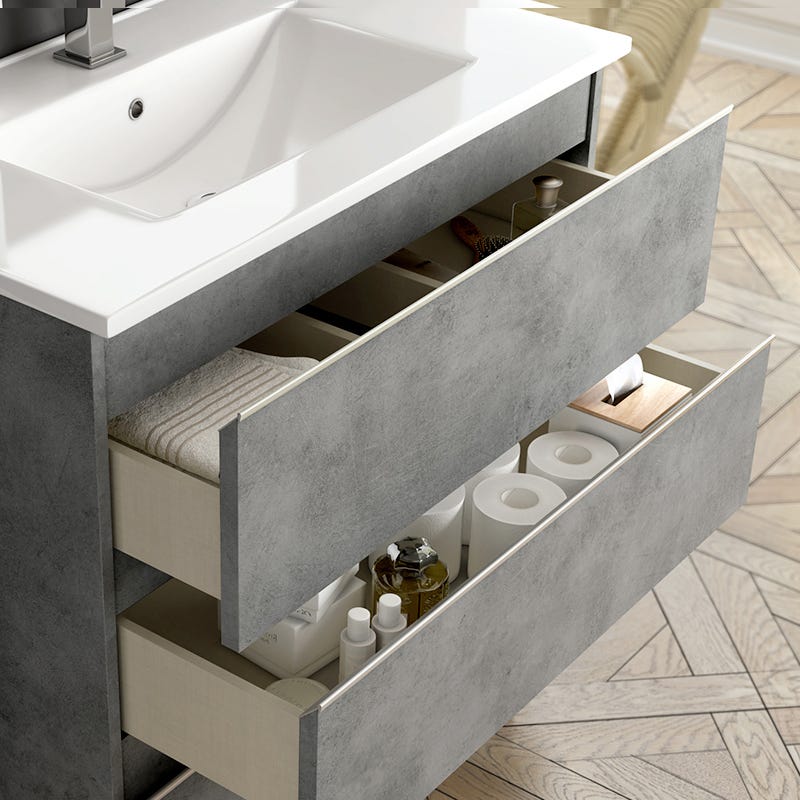 Meuble de salle de bain simple vasque - 2 tiroirs - BALEA et miroir Led VELDI - ciment (gris) - 60cm 1