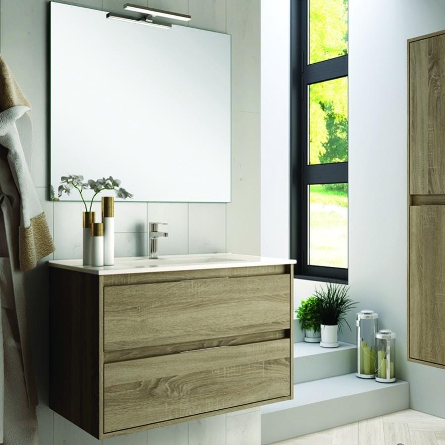 Meuble de salle de bain simple vasque - 2 tiroirs - IRIS et miroir Led VELDI - cambrian (chêne) - 100cm 1