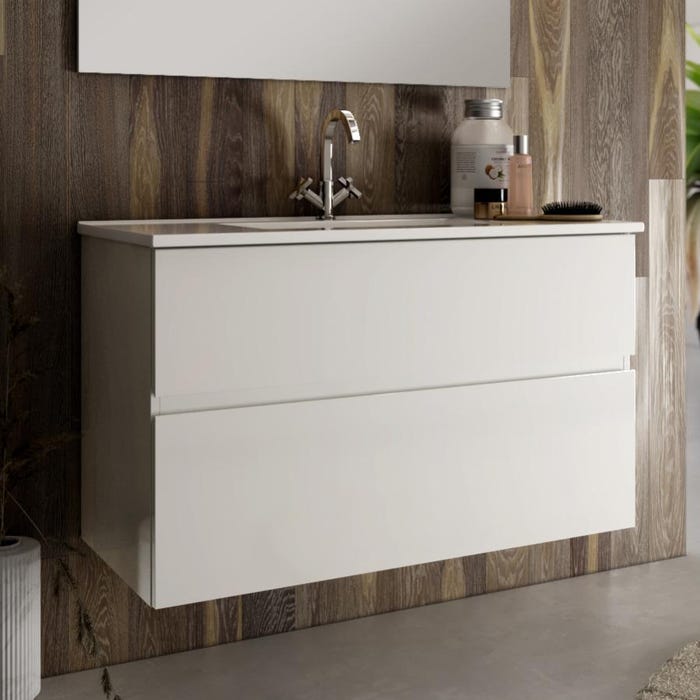 Meuble de salle de bain simple vasque - 2 tiroirs - MIG et miroir Led VELDI - blanc - 80cm 1
