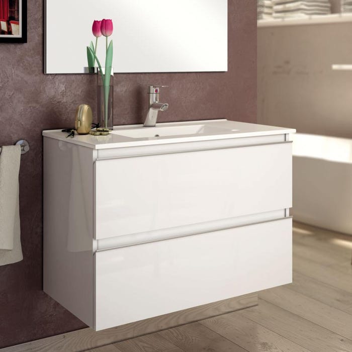 Meuble de salle de bain simple vasque - 2 tiroirs - BALEA et miroir Led STAM - blanc - 60cm 1