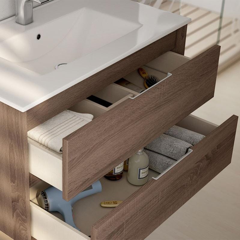 Meuble de salle de bain simple vasque - 2 tiroirs - IRIS et miroir Led VELDI - britannia (chêne foncé) - 80cm 3
