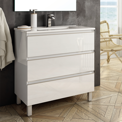 Meuble de salle de bain simple vasque - 3 tiroirs - PALMA et miroir Led VELDI - blanc - 80cm 1