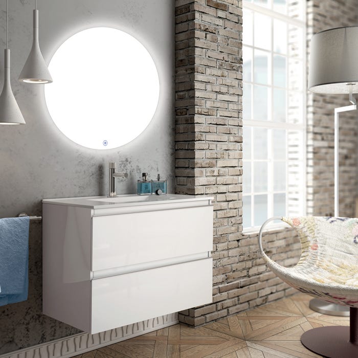 Meuble de salle de bain simple vasque - 2 tiroirs - BALEA et miroir rond Led SOLEN - blanc - 60cm 0