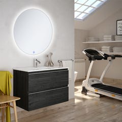 Meuble de salle de bain simple vasque - 2 tiroirs - BALEA et miroir rond Led SOLEN - ebony (bois noir) - 80cm 0