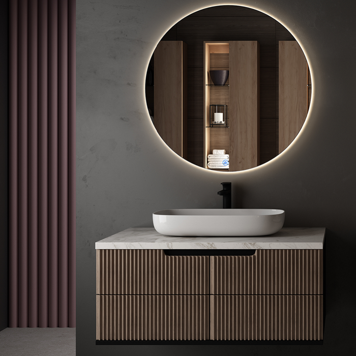 Meuble de salle de bain simple vasque - 2 tiroirs - IRIS et miroir rond Led SOLEN - blanc - 80cm 7