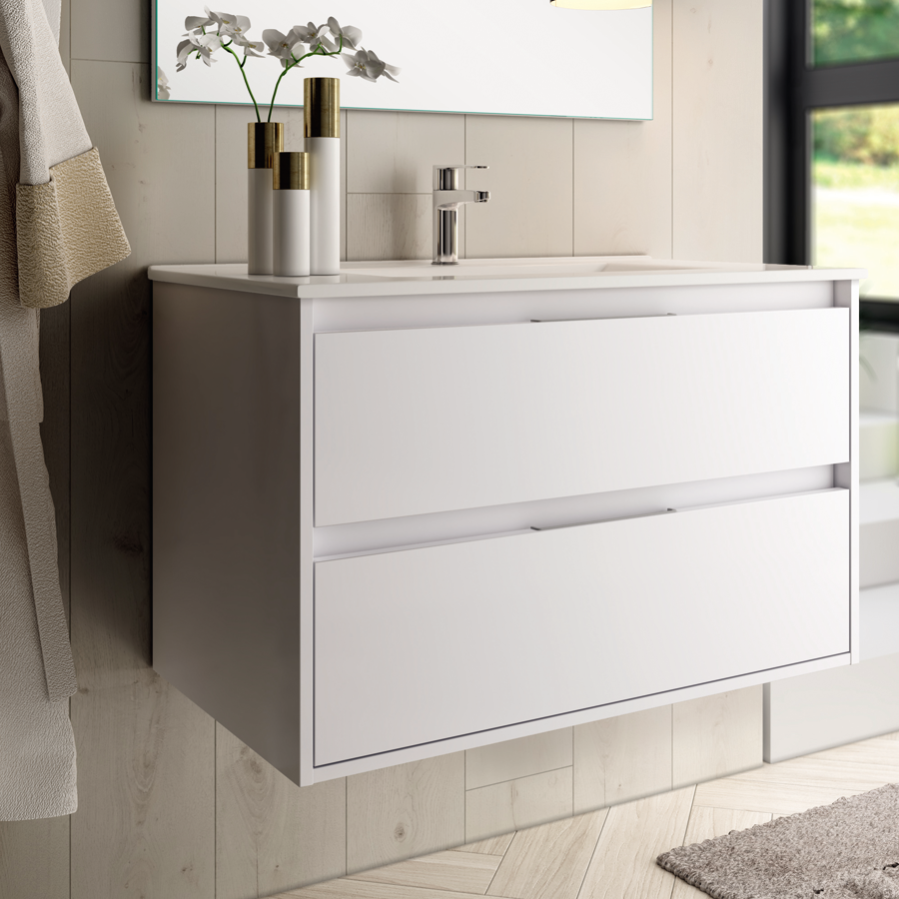 Meuble de salle de bain simple vasque - 2 tiroirs - IRIS et miroir rond Led SOLEN - blanc - 80cm 2