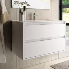 Meuble de salle de bain simple vasque - 2 tiroirs - IRIS et miroir rond Led SOLEN - blanc - 80cm 2