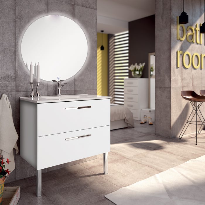Meuble de salle de bain simple vasque - 2 tiroirs - CINTO et miroir rond led SOLEN - blanc - 80cm 0