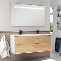 Meuble de salle de bain double vasque - 4 tiroirs - ALBA et miroir Led STAM - blanc-Chêne - 120cm 0