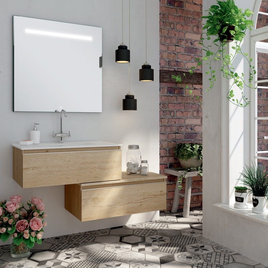 Meuble de salle de bain simple vasque - 2 tiroirs - PENA et miroir Led STAM - bambou (chêne clair) - 120cm 0