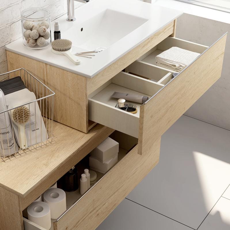 Meuble de salle de bain simple vasque - 2 tiroirs - PENA et miroir Led STAM - bambou (chêne clair) - 120cm 3