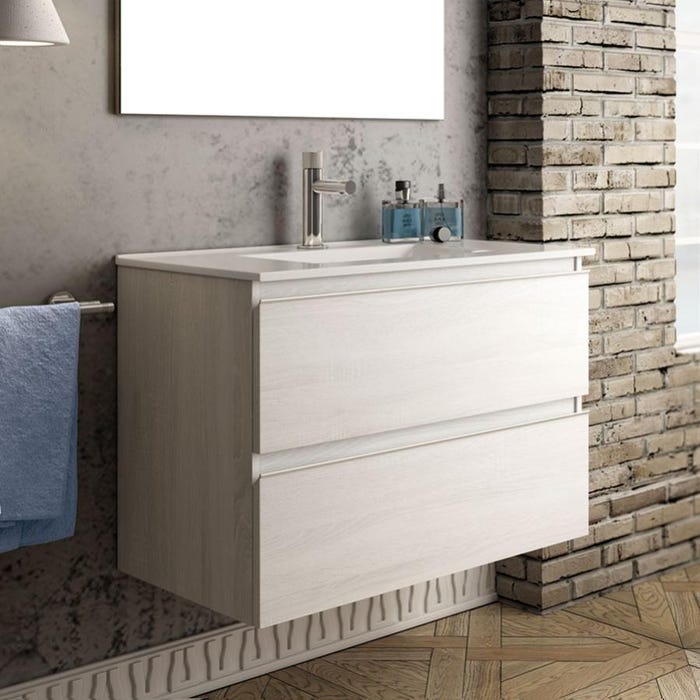 Meuble de salle de bain simple vasque - 2 tiroirs - BALEA et miroir rond Led SOLEN - hibernian (bois blanchi) - 80cm 1