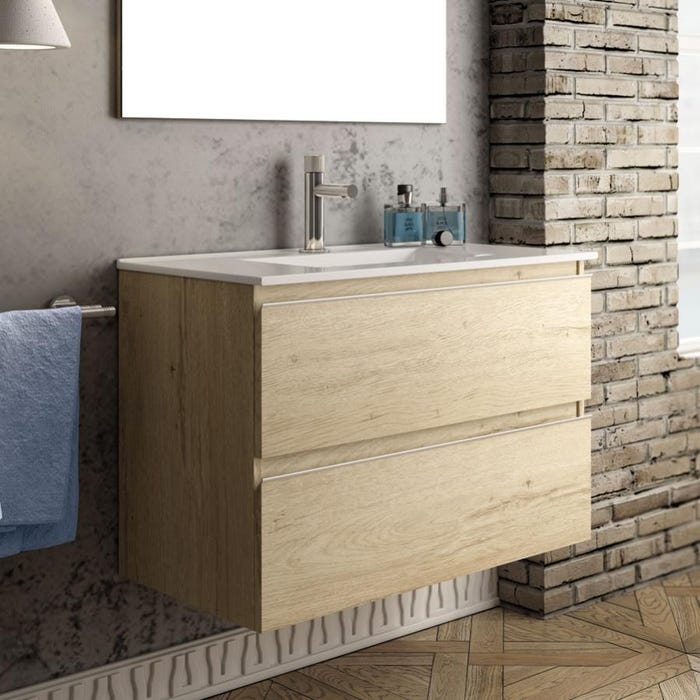 Meuble de salle de bain simple vasque - 2 tiroirs - BALEA et miroir Led VELDI - bambou (chêne clair) - 80cm 1