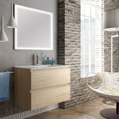 Meuble de salle de bain simple vasque - 2 tiroirs - BALEA et miroir Led VELDI - bambou (chêne clair) - 80cm 0