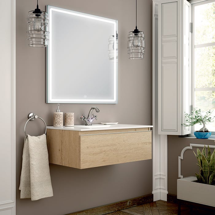 Meuble de salle de bain simple vasque - 1 tiroir - PENA et miroir Led VELDI - bambou (chêne clair) - 80cm 0
