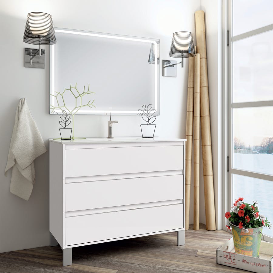 Meuble de salle de bain simple vasque - 3 tiroirs - TIRIS 3C et miroir Led VELDI - blanc - 100cm 0