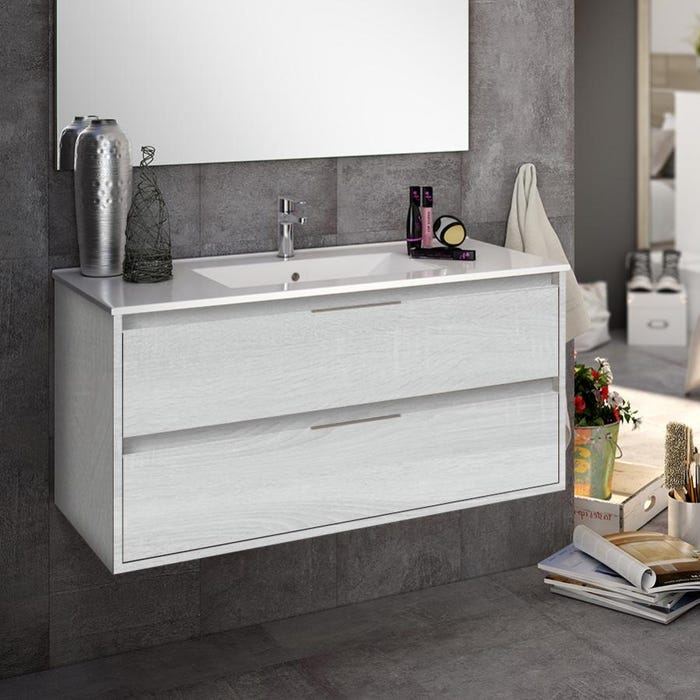 Meuble de salle de bain simple vasque - 2 tiroirs - IRIS et miroir Led STAM - hibernian (bois blanchi) - 100cm 2