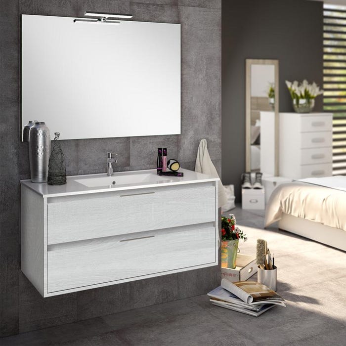 Meuble de salle de bain simple vasque - 2 tiroirs - IRIS et miroir Led STAM - hibernian (bois blanchi) - 100cm 1