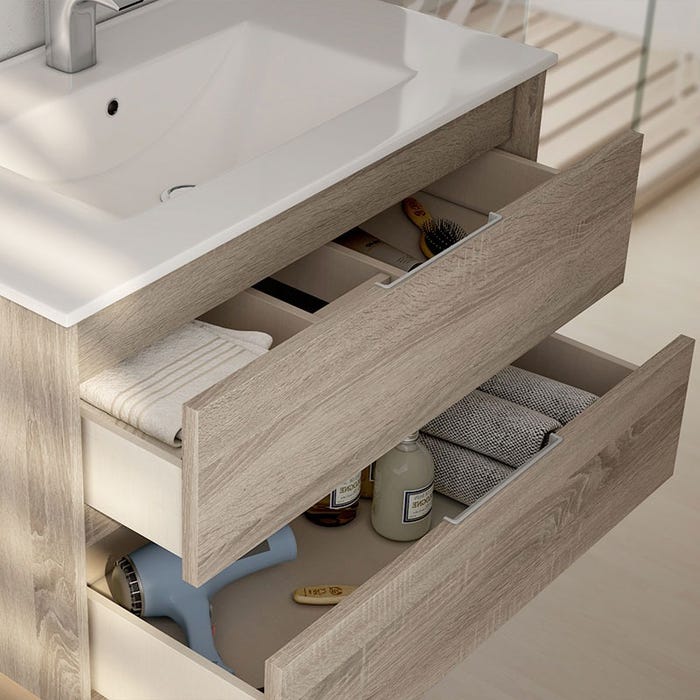 Meuble de salle de bain simple vasque - 3 tiroirs - TIRIS 3C et miroir Led STAM - hibernian (bois blanchi) - 100cm 2