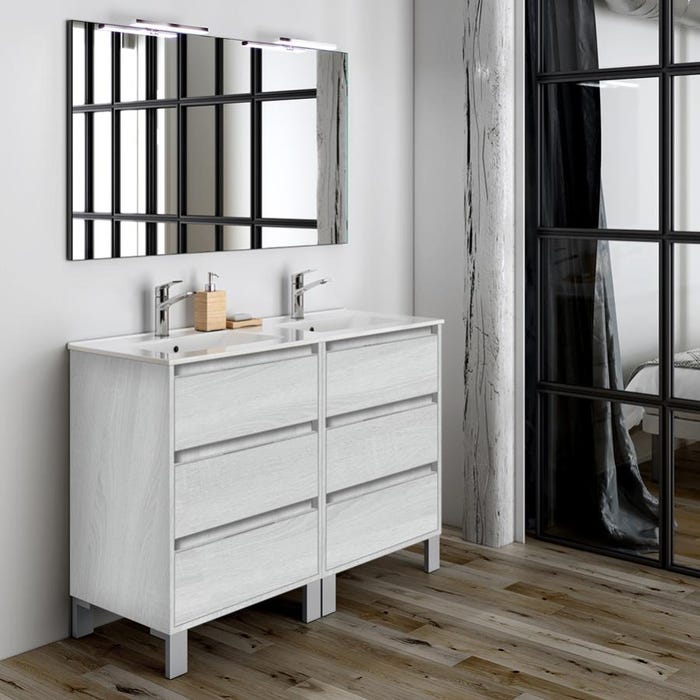 Meuble de salle de bain double vasque - 6 tiroirs - TIRIS 3C et miroir Led STAM - hibernian (bois blanchi) - 120cm 1