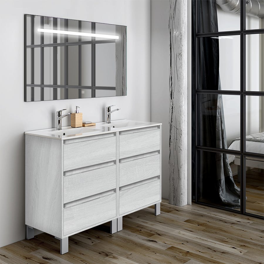 Meuble de salle de bain double vasque - 6 tiroirs - TIRIS 3C et miroir Led STAM - hibernian (bois blanchi) - 120cm 0
