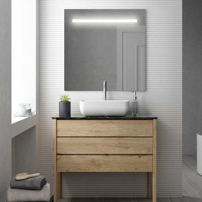 Meuble de salle de bain simple vasque - 2 tiroirs - BALEA et miroir Led STAM - bambou (chêne clair) - 100cm 7