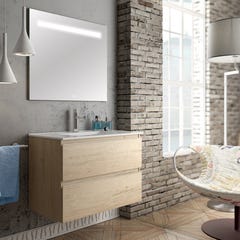 Meuble de salle de bain simple vasque - 2 tiroirs - BALEA et miroir Led STAM - bambou (chêne clair) - 100cm 0