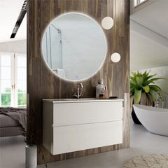 Meuble de salle de bain simple vasque - 2 tiroirs - MIG et miroir rond Led SOLEN - blanc - 70cm 0