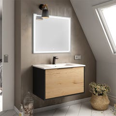 Meuble de salle de bain simple vasque - 1 façade et 2 tiroirs - ALBA et miroir VELDI - noir-Chêne - 80cm 0