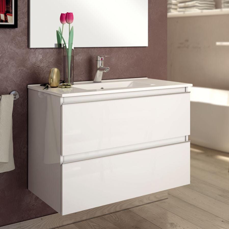 Meuble de salle de bain simple vasque - 2 tiroirs - BALEA et miroir Led STAM - blanc - 80cm 1