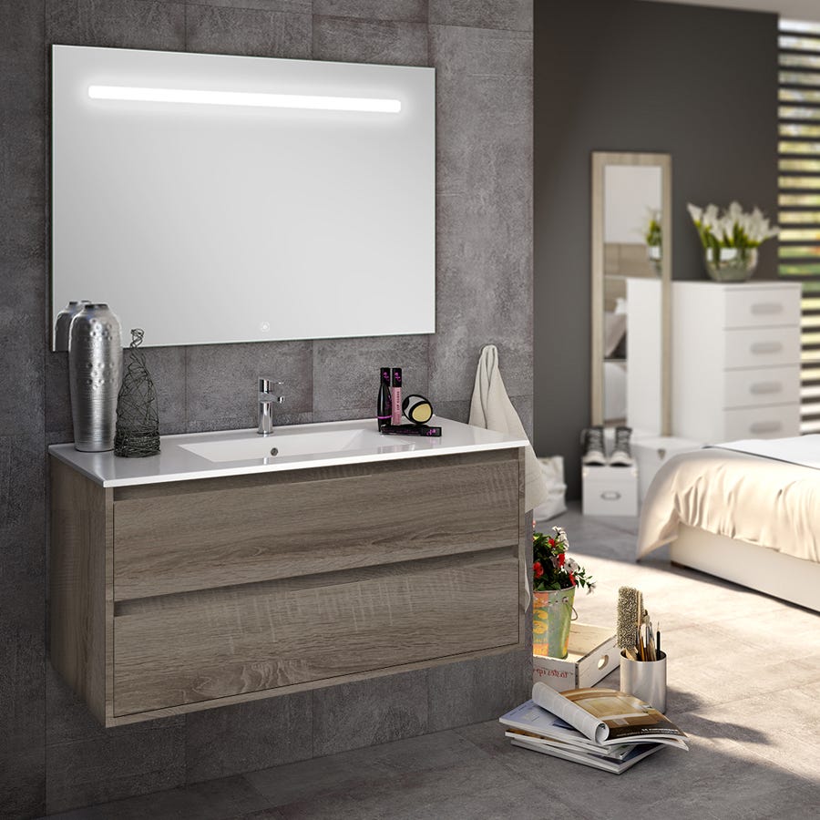 Meuble de salle de bain simple vasque - 2 tiroirs - IRIS et miroir Led STAM - britannia (chêne foncé) - 100cm 0